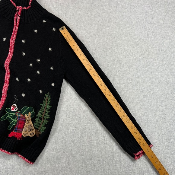 VTG Coldwater Creek Snowflake Ski Scene Zip Up Cardigan Sweater Women L Holiday - Picture 9 of 11